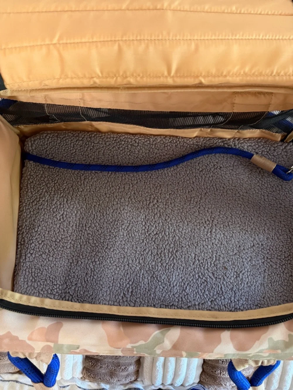 Camouflage Pet Carrier with Blue Rope Handles